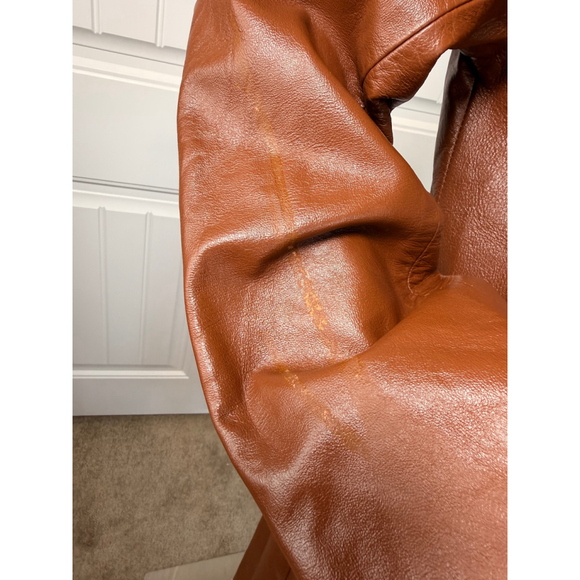 Vintage 70s Caramel Brown Genuine Leather Long Coat Women's Trench Retro 12 Edgy - Picture 6 of 16